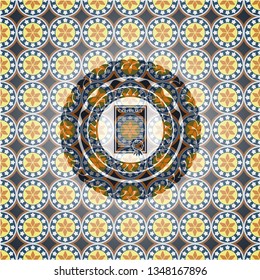 contract icon inside arabic style badge. Arabesque decoration.