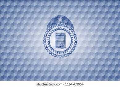 contract icon inside blue emblem with geometric pattern.
