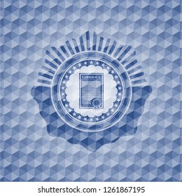 contract icon inside blue emblem or badge with geometric pattern background.