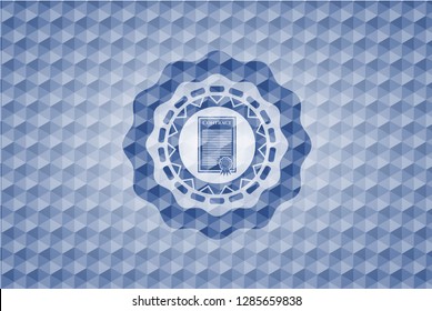 contract icon inside blue emblem with geometric pattern background.