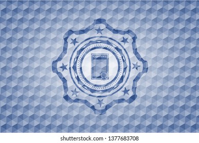 contract icon inside blue emblem with geometric pattern background.