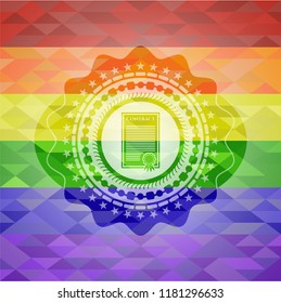 contract icon inside emblem on mosaic background with the colors of the LGBT flag