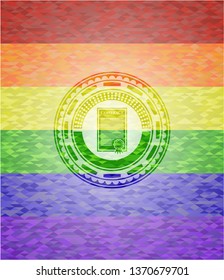 contract icon inside emblem on mosaic background with the colors of the LGBT flag