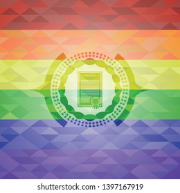 contract icon inside emblem on mosaic background with the colors of the LGBT flag