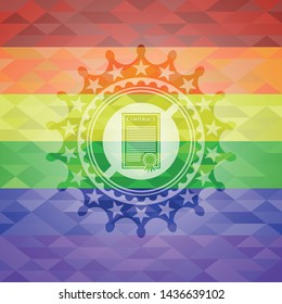 contract icon inside emblem on mosaic background with the colors of the LGBT flag