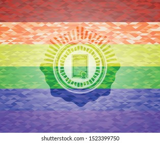 contract icon inside emblem on mosaic background with the colors of the LGBT flag
