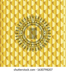 contract icon inside gold badge. Scales pattern. Vector Illustration. Detailed.