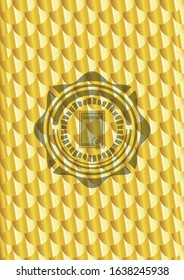 contract icon inside gold emblem or badge. Scales pattern. Vector Illustration. Detailed.