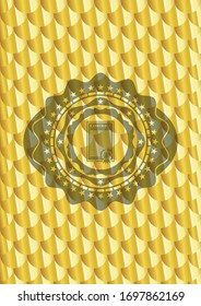 contract icon inside golden emblem or badge. Scales pattern. Vector Illustration. Detailed.