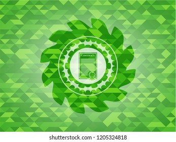contract icon inside green emblem with mosaic background