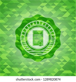 contract icon inside green emblem. Mosaic background