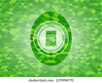 contract icon inside green emblem with triangle mosaic background
