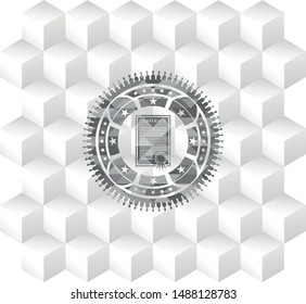 contract icon inside grey badge with geometric cube white background