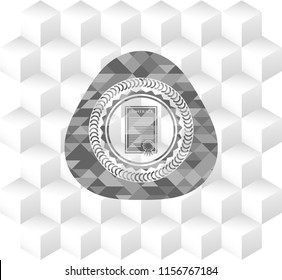 contract icon inside grey emblem with geometric cube white background
