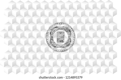 contract icon inside grey emblem with geometric cube white background
