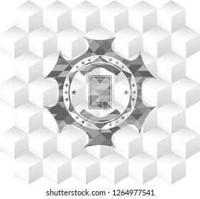 contract icon inside grey emblem. Retro with geometric cube white background
