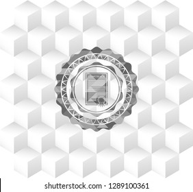 contract icon inside grey emblem with geometric cube white background