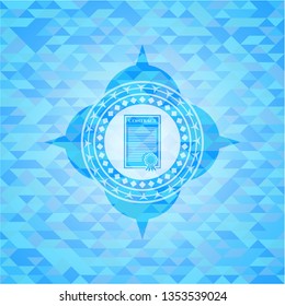 contract icon inside light blue emblem with triangle mosaic background