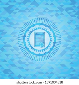 contract icon inside light blue emblem with triangle mosaic background