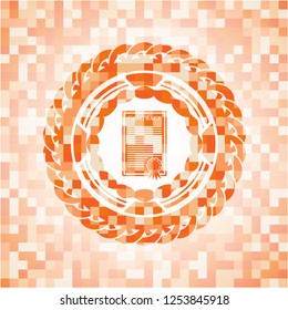 contract icon inside orange tile background illustration. Square geometric mosaic seamless pattern with emblem inside.
