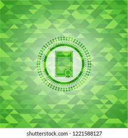 contract icon inside realistic green mosaic emblem