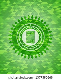 contract icon inside realistic green emblem. Mosaic background