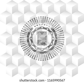 contract icon inside realistic grey emblem with cube white background