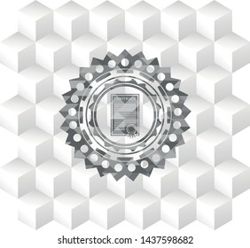 contract icon inside realistic grey emblem with cube white background