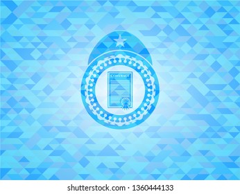 contract icon inside realistic light blue mosaic emblem