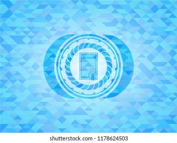 contract icon inside realistic sky blue emblem. Mosaic background