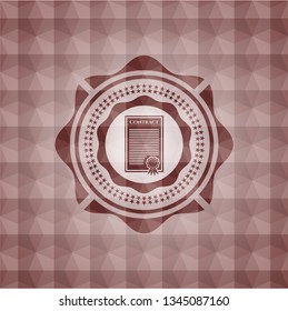 contract icon inside red emblem or badge with abstract geometric pattern background. Seamless.