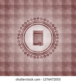 contract icon inside red emblem or badge with abstract geometric polygonal pattern background. Seamless.