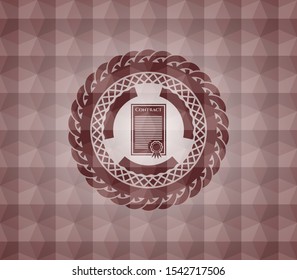 contract icon inside red emblem with geometric pattern background. Seamless.