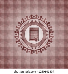contract icon inside red seamless emblem with geometric pattern background.