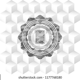 contract icon inside retro style grey emblem with geometric cube white background