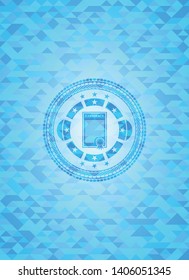 contract icon inside sky blue emblem with mosaic background