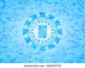 contract icon inside sky blue emblem. Mosaic background. 