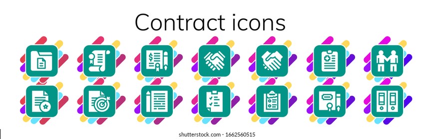 contract icon set. 14 filled contract icons. Included Document, Agreement, Sheet, Shake hands, Clipboard, Contract, Deal, Documentation icons