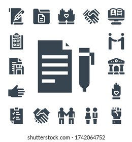 conjunto de iconos de contrato. 17 íconos de contrato rellenados. Papel incluido, Portapapeles, Documento, Contrato, Mano, Acuerdo, Juzgado, Manos, Trato, Socios, Iconos de reclutamiento