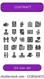 contract icon set. 25 filled contract icons.  Collection Of - Hand, Register, Clipboard, Contract, Stamp, Agreement, Paper, Deal, Handshake, Shake hands, Document, Hands icons