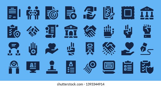 contract icon set. 32 filled contract icons. on blue background style Collection Of - Contract, Clipboard, Agreement, Handgrip, Cooperation, Handshake, Hand, CV, Document, Stamp
