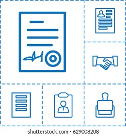 Contract icon. set of 6 contract outline icons such as stamp, resume, signed document, handshake