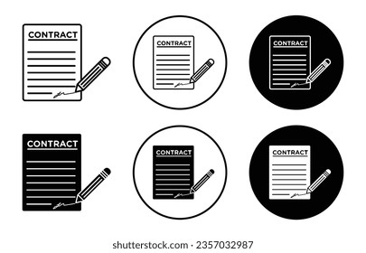 conjunto de iconos de contrato. documento de acuerdo con signatura y símbolo vector de lápiz. signo de documentación legal de préstamo. iconos de licencia comercial.