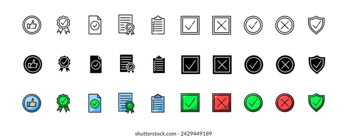 Conjunto de iconos de contrato. Aprobar iconos. Lineal, silueta y estilo plano. Iconos vectoriales