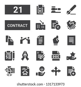 contract icon set. Collection of 21 filled contract icons included Document, Agreement, Hand, Contract, Shake, Doc, Paper, Relationship, Copy, Handshake, Rental, Signature, Law