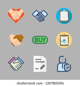 contract icon set. vector set about clipboard, handshake, document and buy icons set.