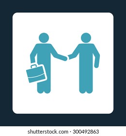 Contract icon. This flat rounded square button uses blue and white colors and isolated on a dark blue background.