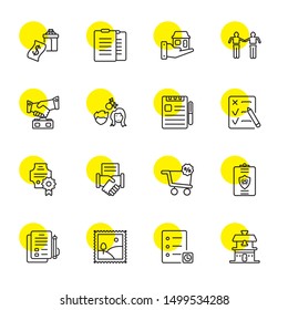 contract icons. Editable 16 contract icons. Included icons such as Real estate, Checklist, Stamp, Contract, Clipboard, Bargain, Handshake, Paper. trendy icons for web.