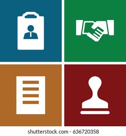 Contract icons set. set of 4 contract filled icons such as stamp, handshake, resume