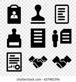 Contract icons set. set of 9 contract filled icons such as stamp, handshake, signed document, document, man and document